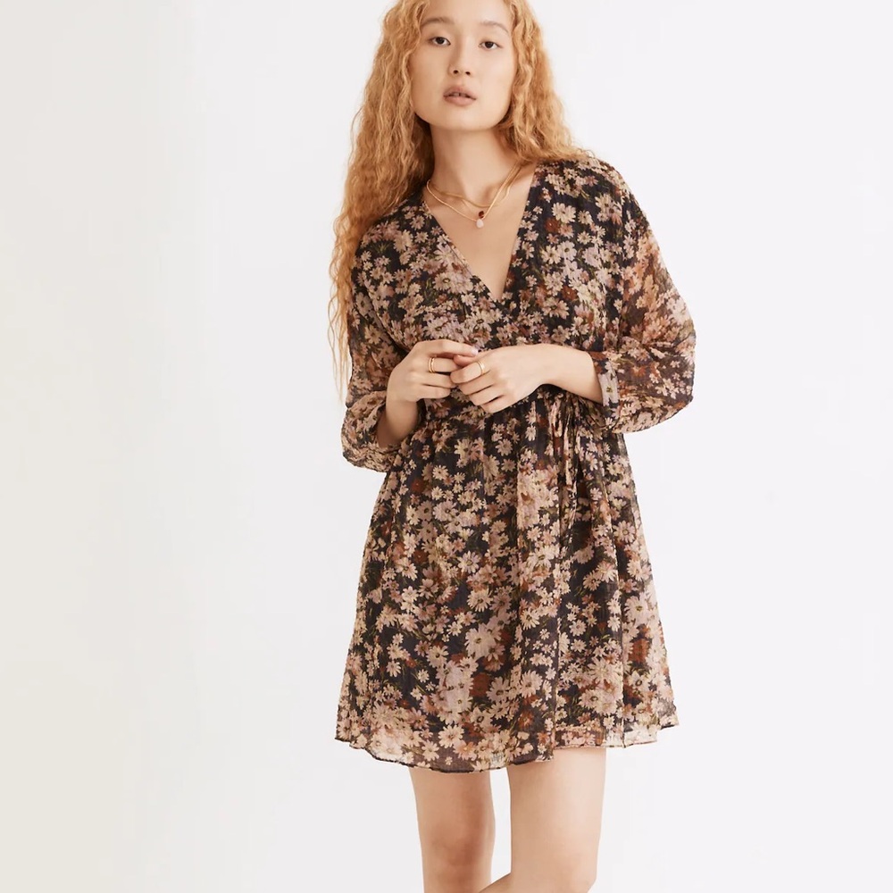 Madewell Drawstring Faux-Wrap Mini Dress in Daisy Reverie